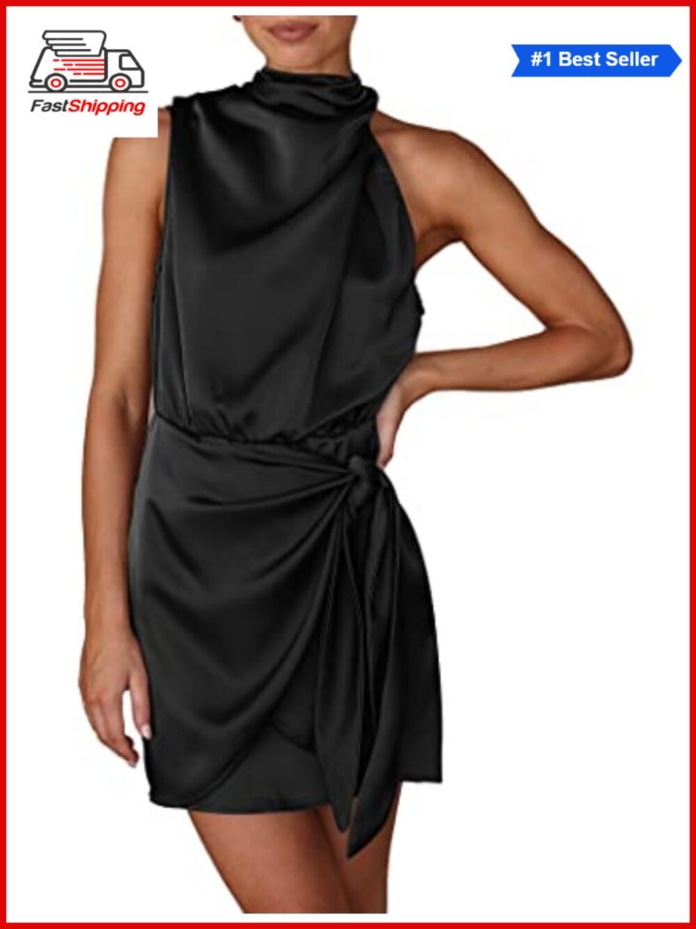 ✨ PRETTYGARDEN Women's Short Satin Cocktail Dress Sleeveless Mock Neck Tie